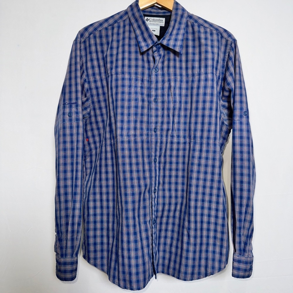Columbia Titanium Mens Large Blue Plaid Long Sleeve Hiking Fishing Shirt Venting